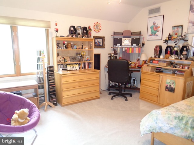 bedroom with lofted ceiling, multiple windows, and light colored carpet