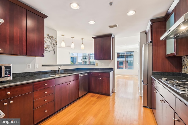 kitchen with appliances with stainless steel finishes, sink, exhaust hood, light hardwood / wood-style flooring, and hanging light fixtures