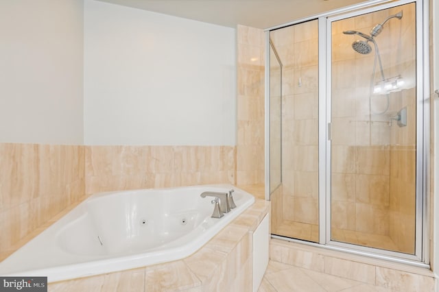 bathroom with tile patterned flooring and plus walk in shower