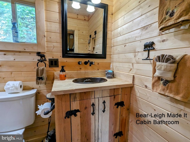 bathroom with vanity, toilet, and wood walls