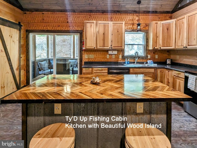 kitchen with a kitchen island, light brown cabinetry, wood walls, black appliances, and sink