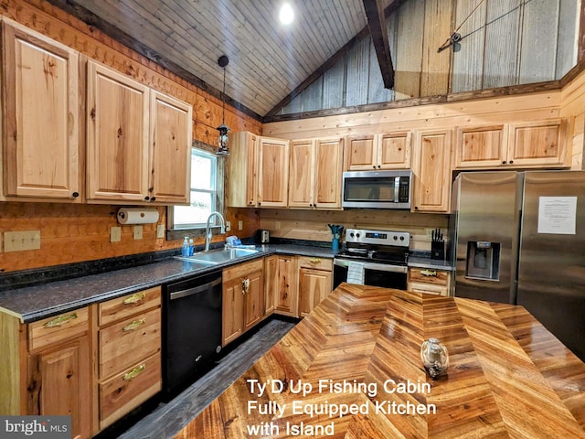 kitchen with sink, stainless steel appliances, decorative light fixtures, dark stone countertops, and high vaulted ceiling