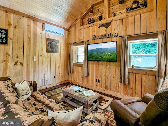 living room featuring a wall unit AC, hardwood / wood-style flooring, wooden ceiling, vaulted ceiling, and wood walls