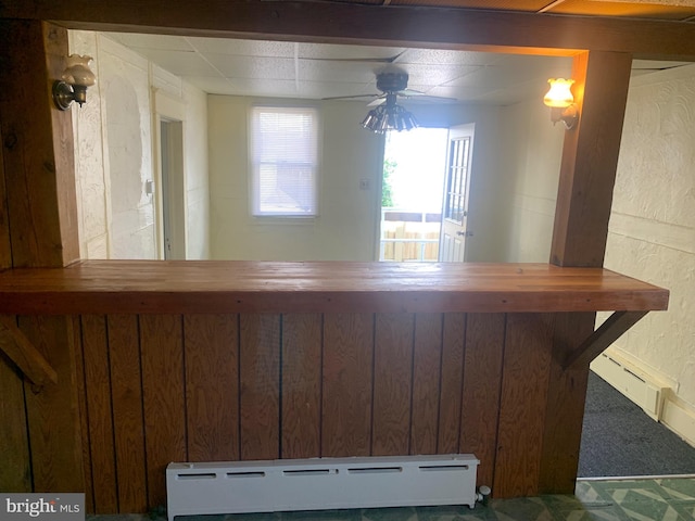 room details featuring a baseboard radiator and carpet