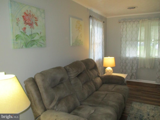 living room featuring hardwood / wood-style floors and crown molding