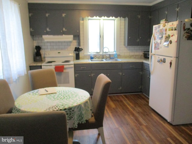 kitchen featuring white appliances, sink, decorative backsplash, dark hardwood / wood-style floors, and ventilation hood