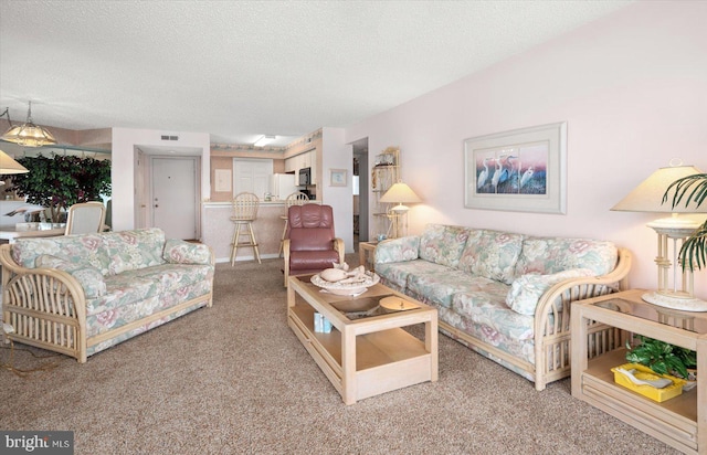 living room featuring a textured ceiling and carpet