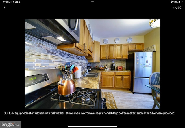 kitchen with light hardwood / wood-style flooring, stainless steel appliances, sink, and decorative backsplash