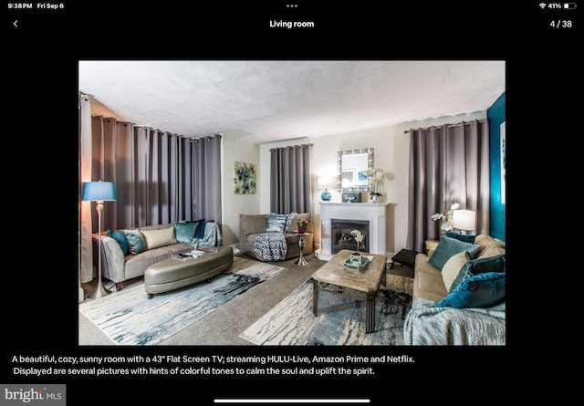 carpeted living room featuring a textured ceiling