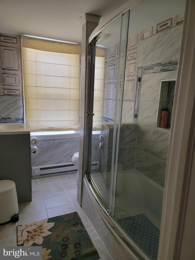 bathroom featuring toilet, tile patterned flooring, vanity, a baseboard radiator, and a shower with shower door