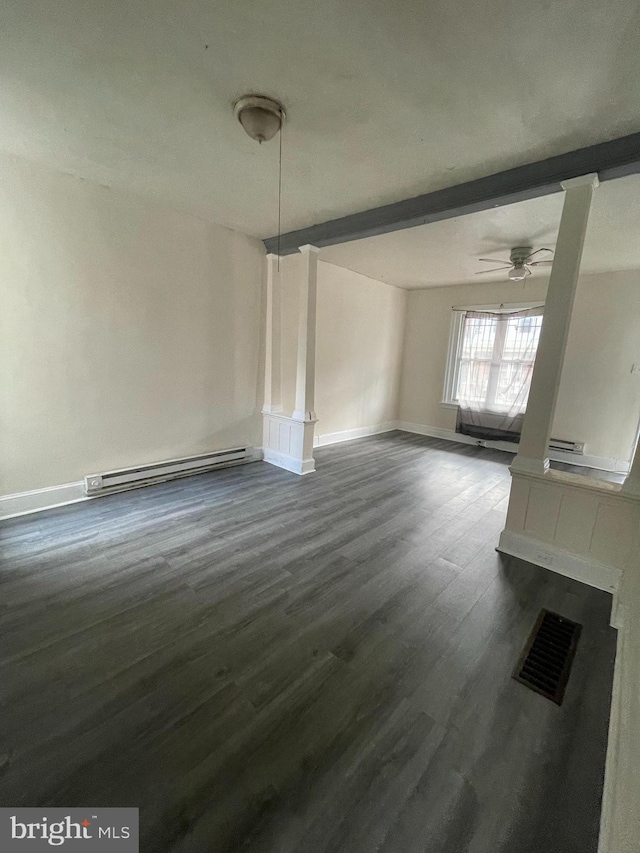 unfurnished dining area with visible vents, beam ceiling, a baseboard heating unit, decorative columns, and dark wood-style flooring