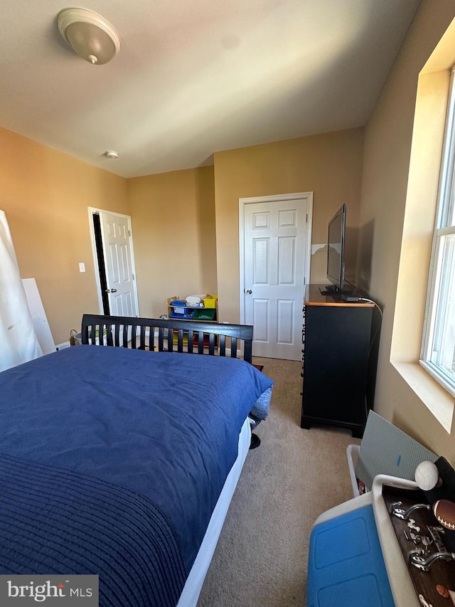 bedroom with light colored carpet