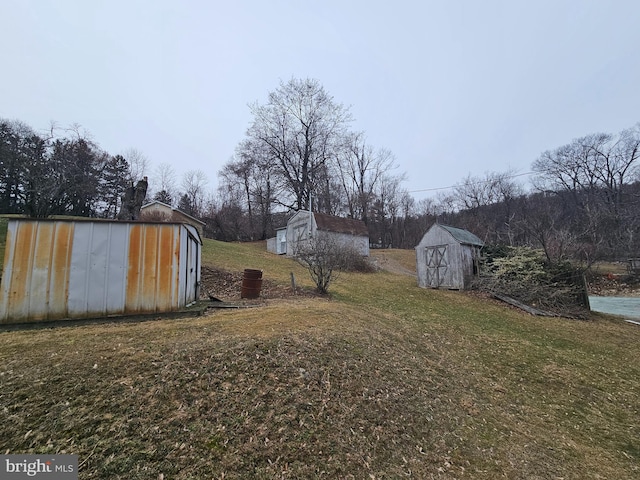 view of yard featuring a storage shed and an outdoor structure