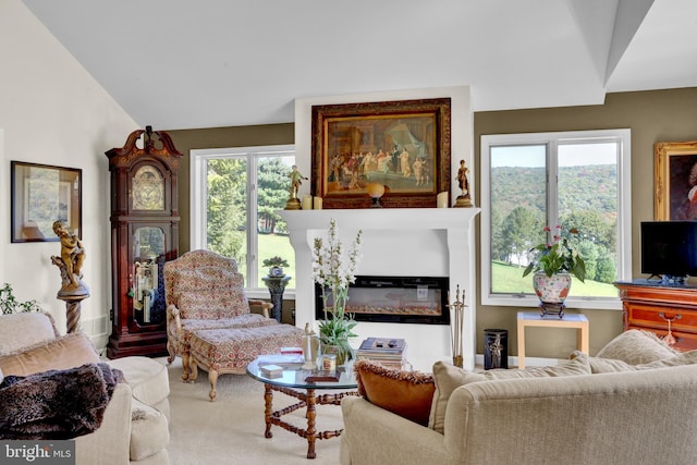 living room featuring lofted ceiling and carpet