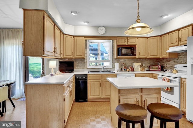 kitchen with white appliances, sink, a center island, and light brown cabinets