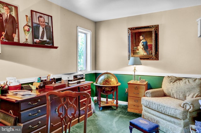 interior space featuring dark colored carpet