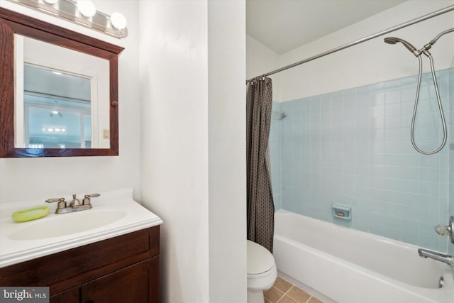 full bathroom with vanity, toilet, shower / bathtub combination with curtain, and tile patterned floors