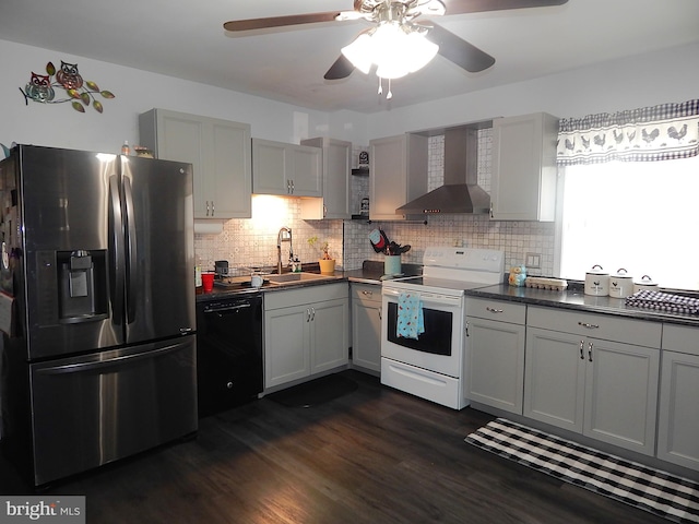 kitchen with white electric range oven, stainless steel fridge with ice dispenser, black dishwasher, dark countertops, and wall chimney exhaust hood