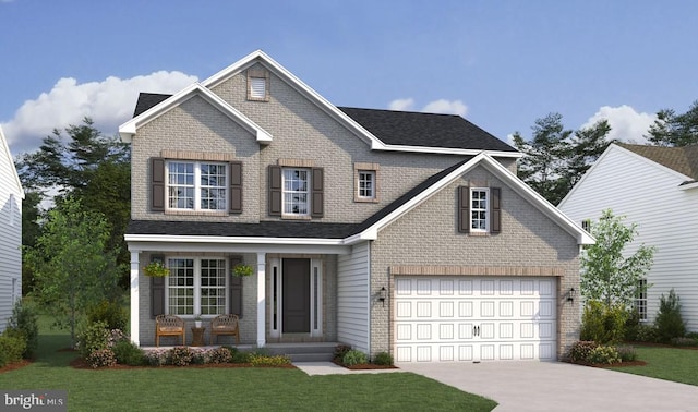 view of front of house featuring a garage, a front lawn, and covered porch