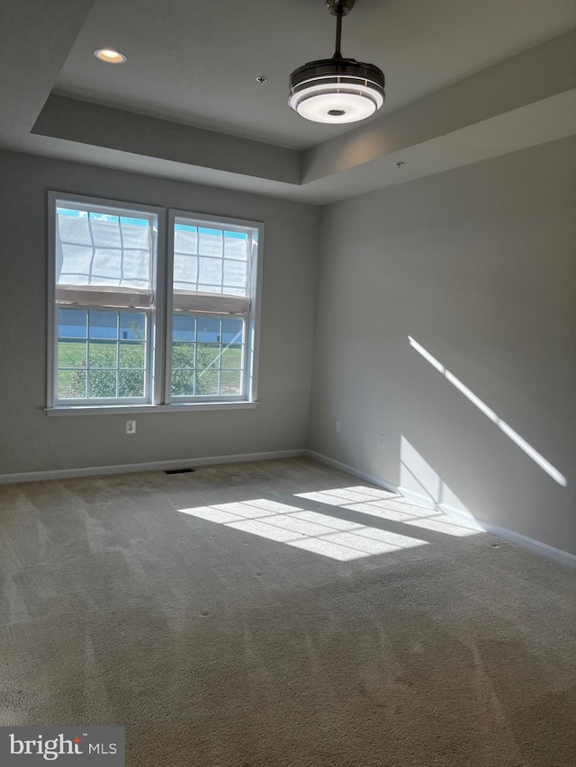 carpeted spare room featuring a tray ceiling