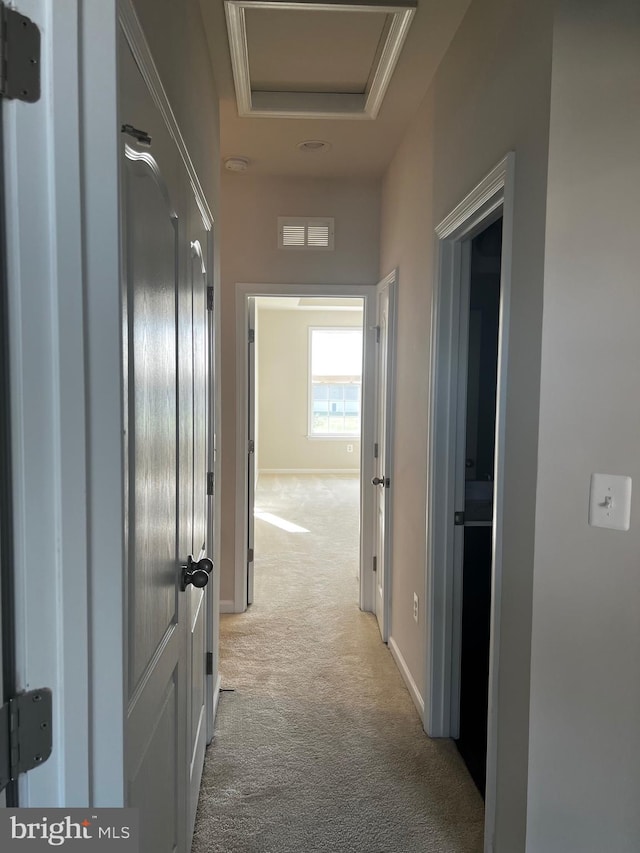 hallway featuring a tray ceiling, light colored carpet, and crown molding