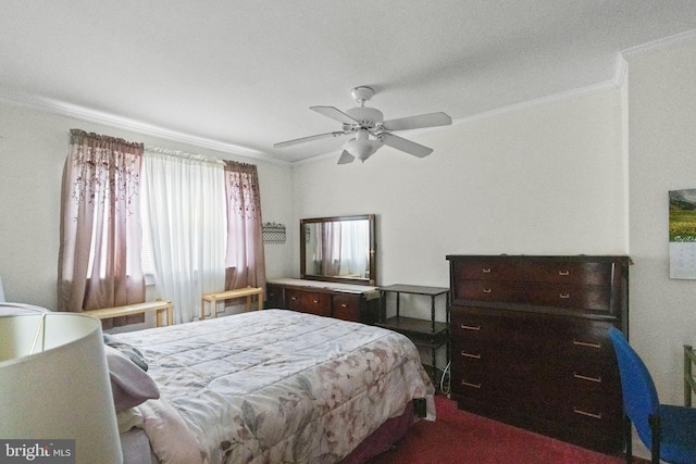 bedroom with ornamental molding and ceiling fan