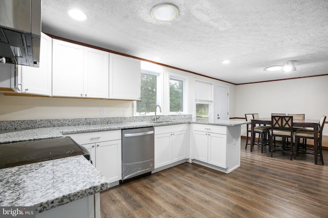 kitchen featuring dark hardwood / wood-style floors, dishwasher, light stone counters, and white cabinets