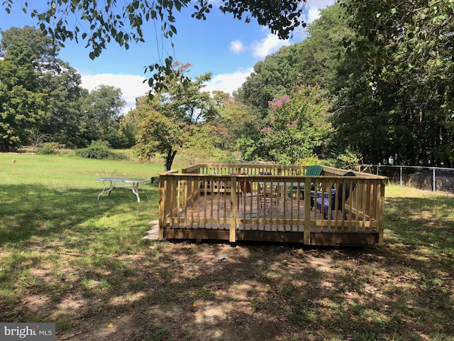 wooden deck featuring a yard