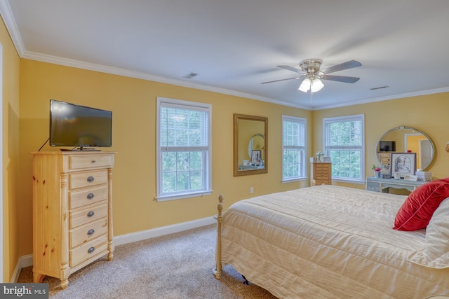 bedroom with ornamental molding, light carpet, and ceiling fan