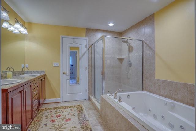 bathroom with vanity, separate shower and tub, and tile patterned flooring