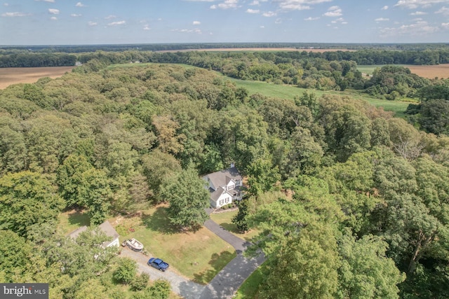 aerial view featuring a wooded view