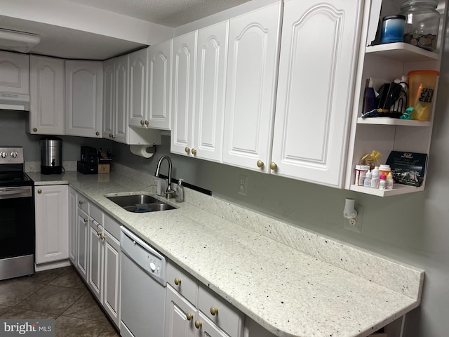 kitchen featuring stainless steel electric range, white dishwasher, white cabinetry, and sink