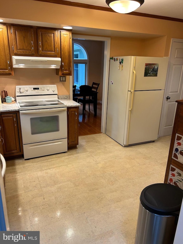 kitchen with ornamental molding and white appliances