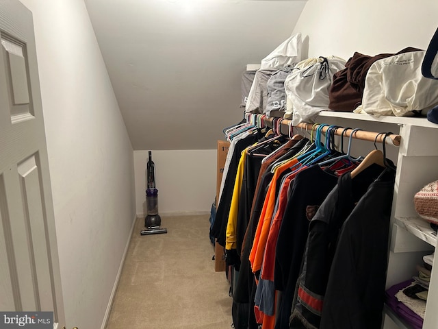 spacious closet with vaulted ceiling and light colored carpet