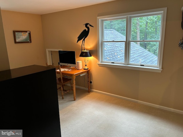 home office featuring light colored carpet