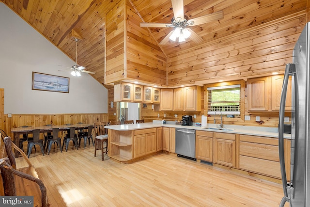 kitchen featuring high vaulted ceiling, ceiling fan, stainless steel appliances, and sink