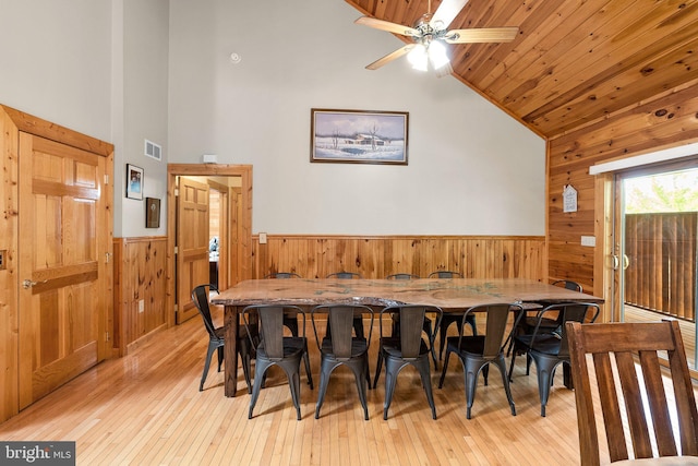 dining space with light wood-type flooring, high vaulted ceiling, ceiling fan, and wooden walls