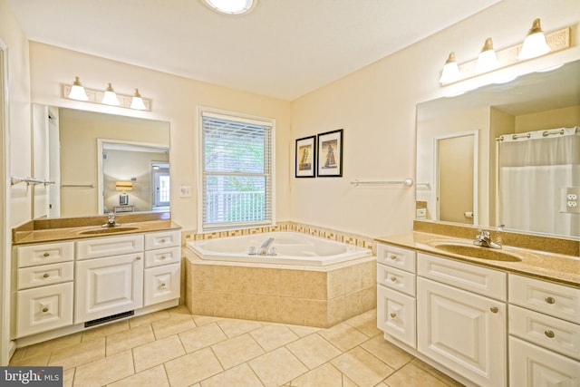 bathroom with vanity, separate shower and tub, and tile patterned floors