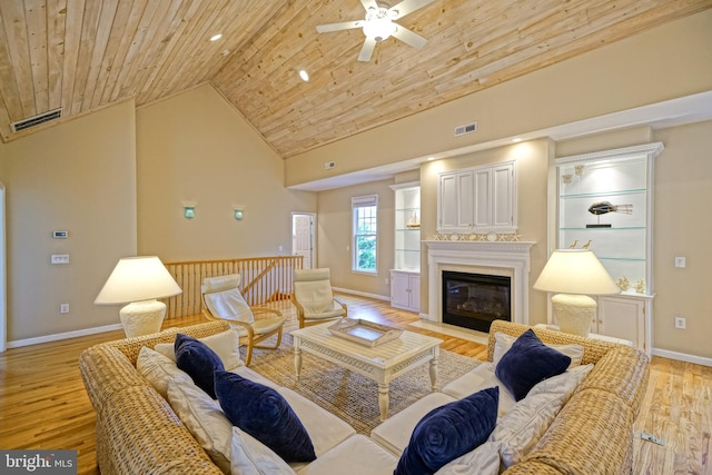 living room with ceiling fan, light wood-type flooring, high vaulted ceiling, and wooden ceiling