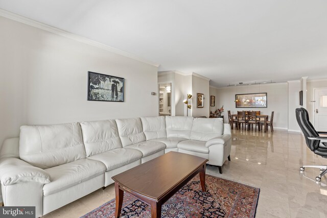 living room with ornamental molding