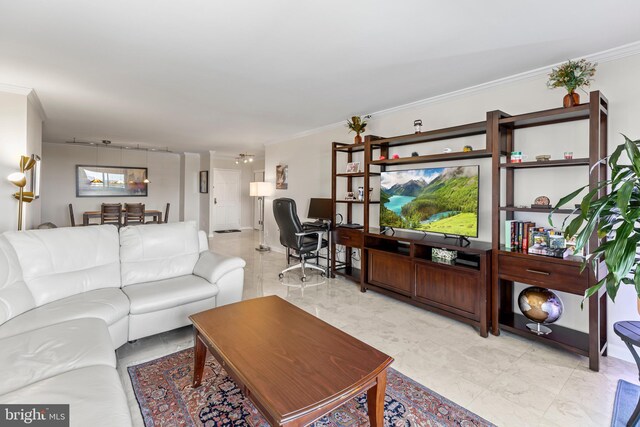 living room featuring crown molding