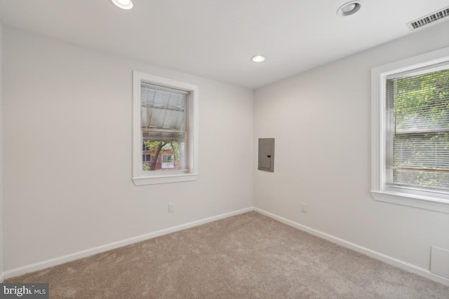 spare room featuring electric panel and light carpet