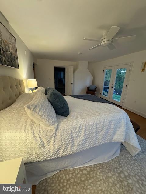 bedroom with french doors, ceiling fan, and access to outside