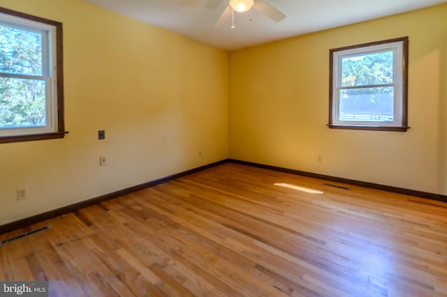 empty room featuring ceiling fan and light hardwood / wood-style flooring