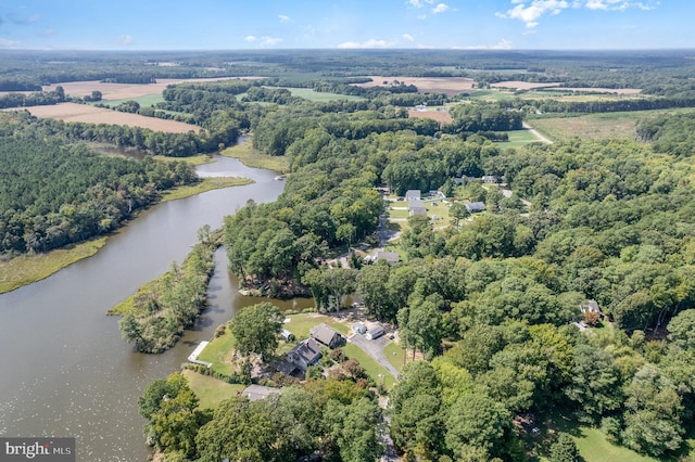 aerial view featuring a forest view and a water view