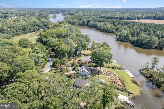 aerial view with a water view and a wooded view