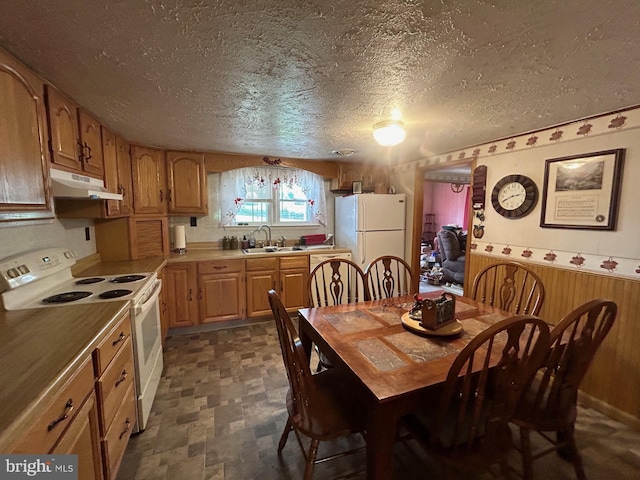 kitchen with under cabinet range hood, a sink, white appliances, wooden walls, and wainscoting