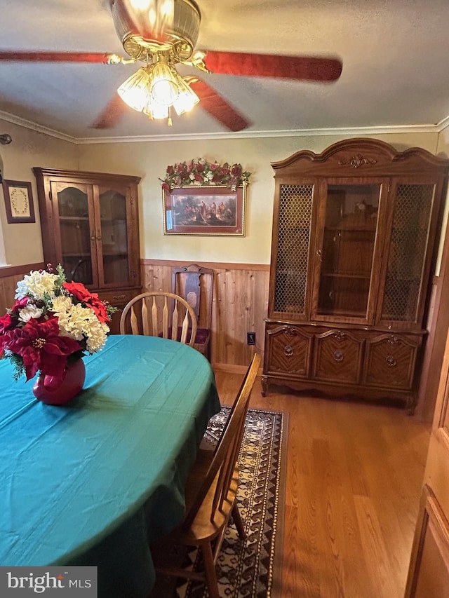 dining room featuring light wood-type flooring, a wainscoted wall, wooden walls, and ornamental molding