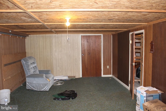 basement featuring carpet and wooden walls