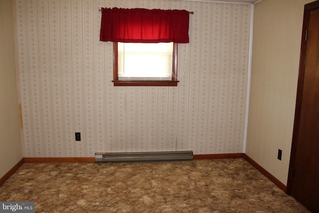 carpeted spare room with baseboards, baseboard heating, and wallpapered walls